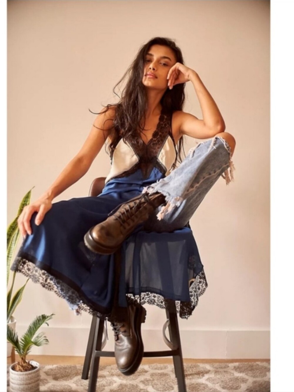 Free People Tri Me Midi Slip Dress Satin Silk Lace Blue Black Sz Large NEW